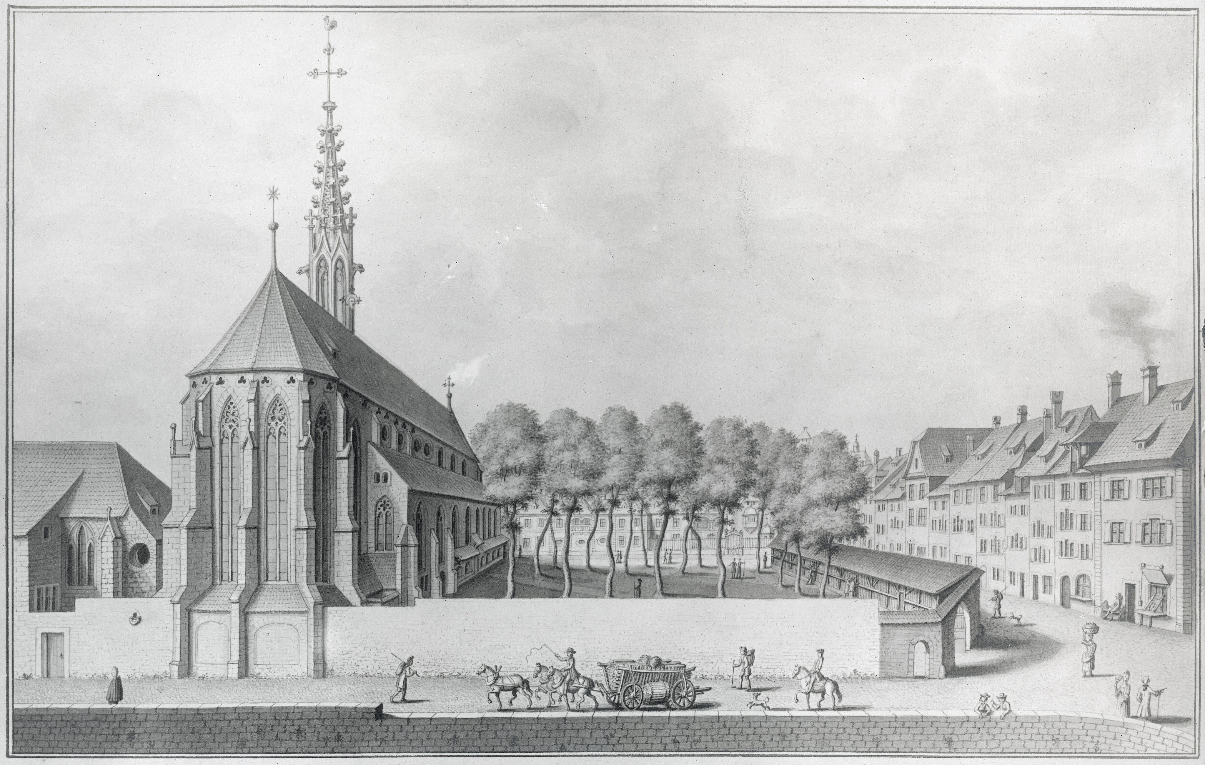 Emanuel Büchels Ansicht der Basler Predigerkirche mit dem Totentanz und den umliegenden Häusern