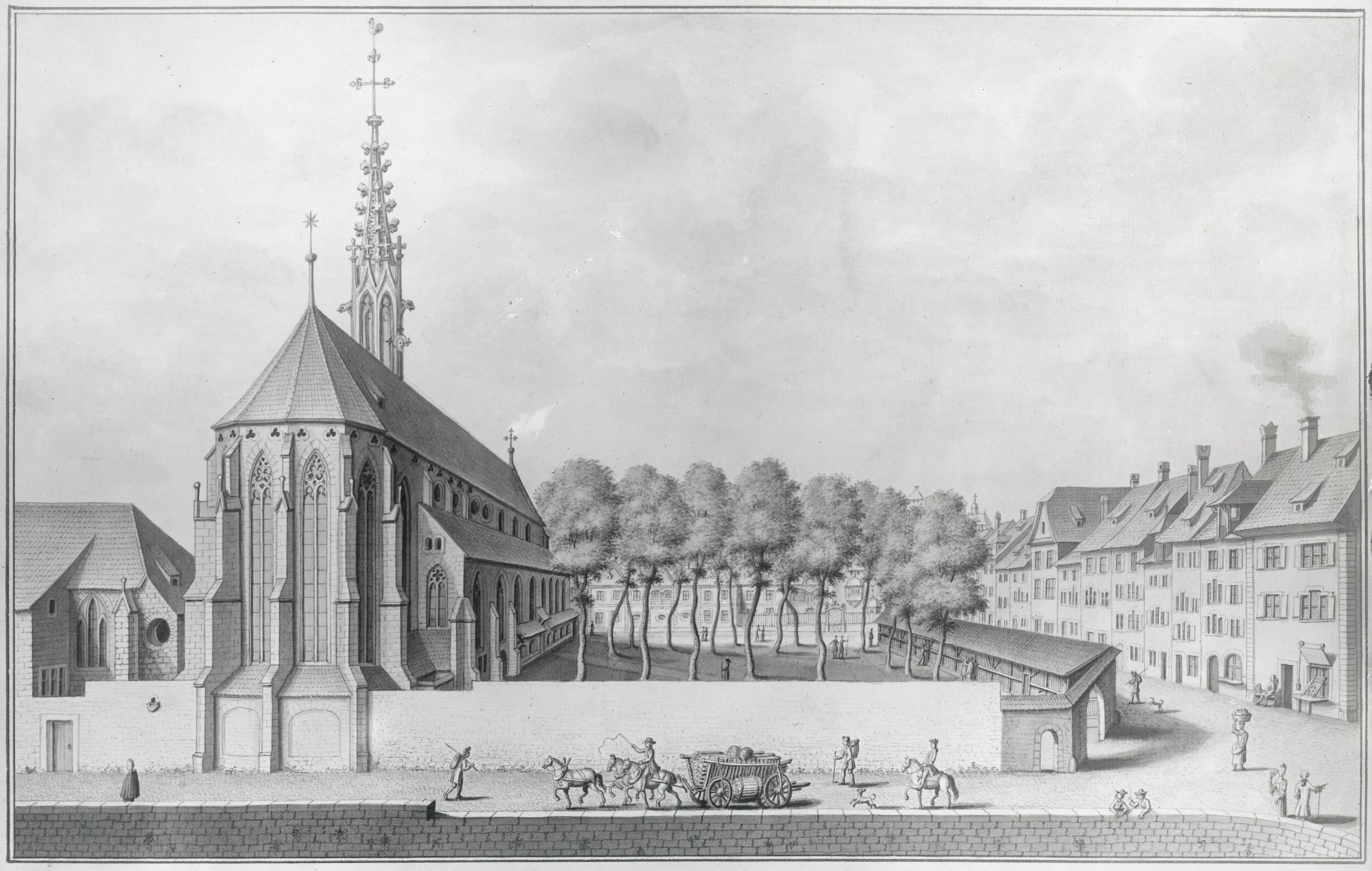 Emanuel Büchels Ansicht der Basler Predigerkirche mit dem Totentanz und den umliegenden Häusern