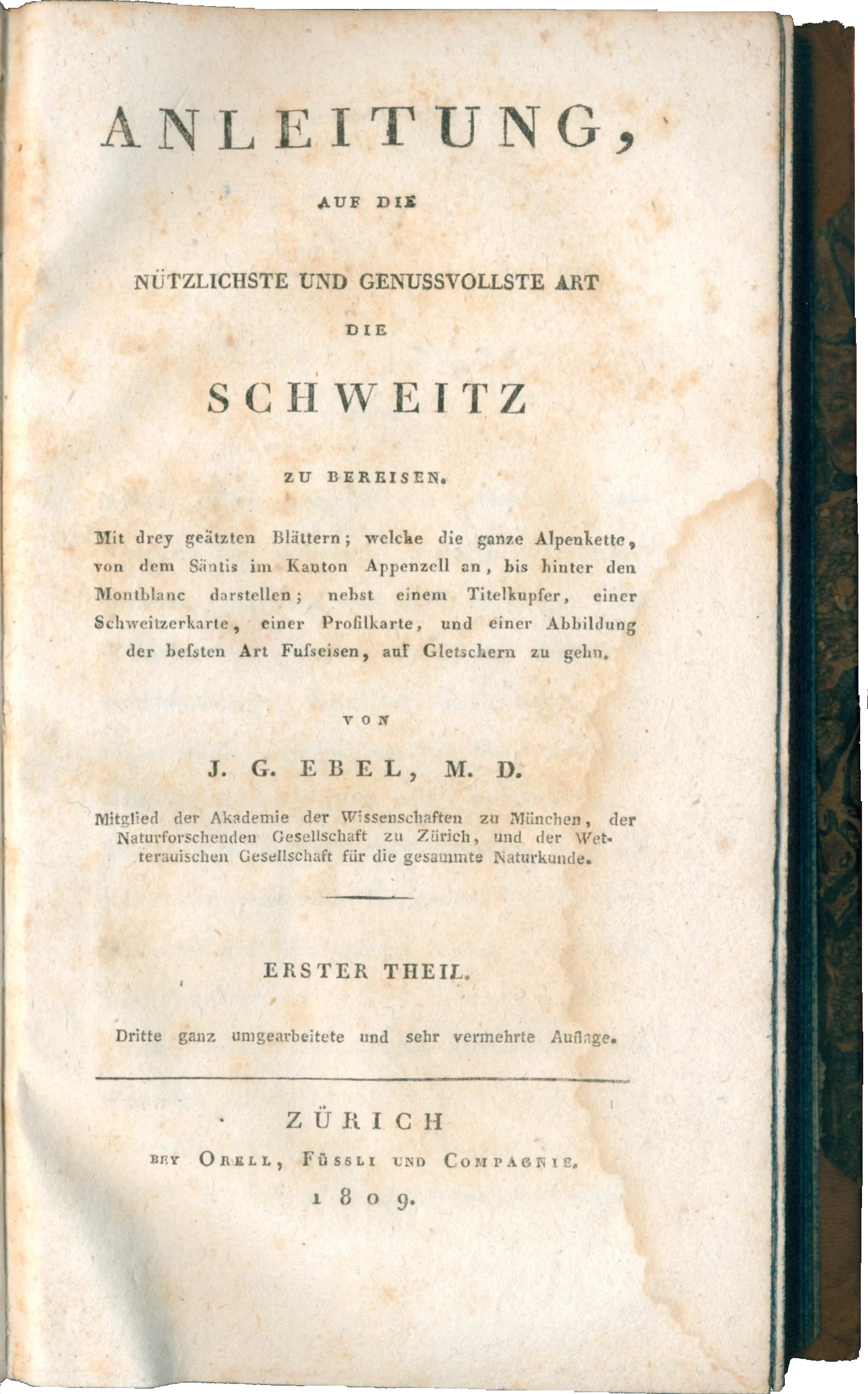 Titelblatt von Johann Gottfried Ebels Anleitung zum Reisen in der Schweiz.