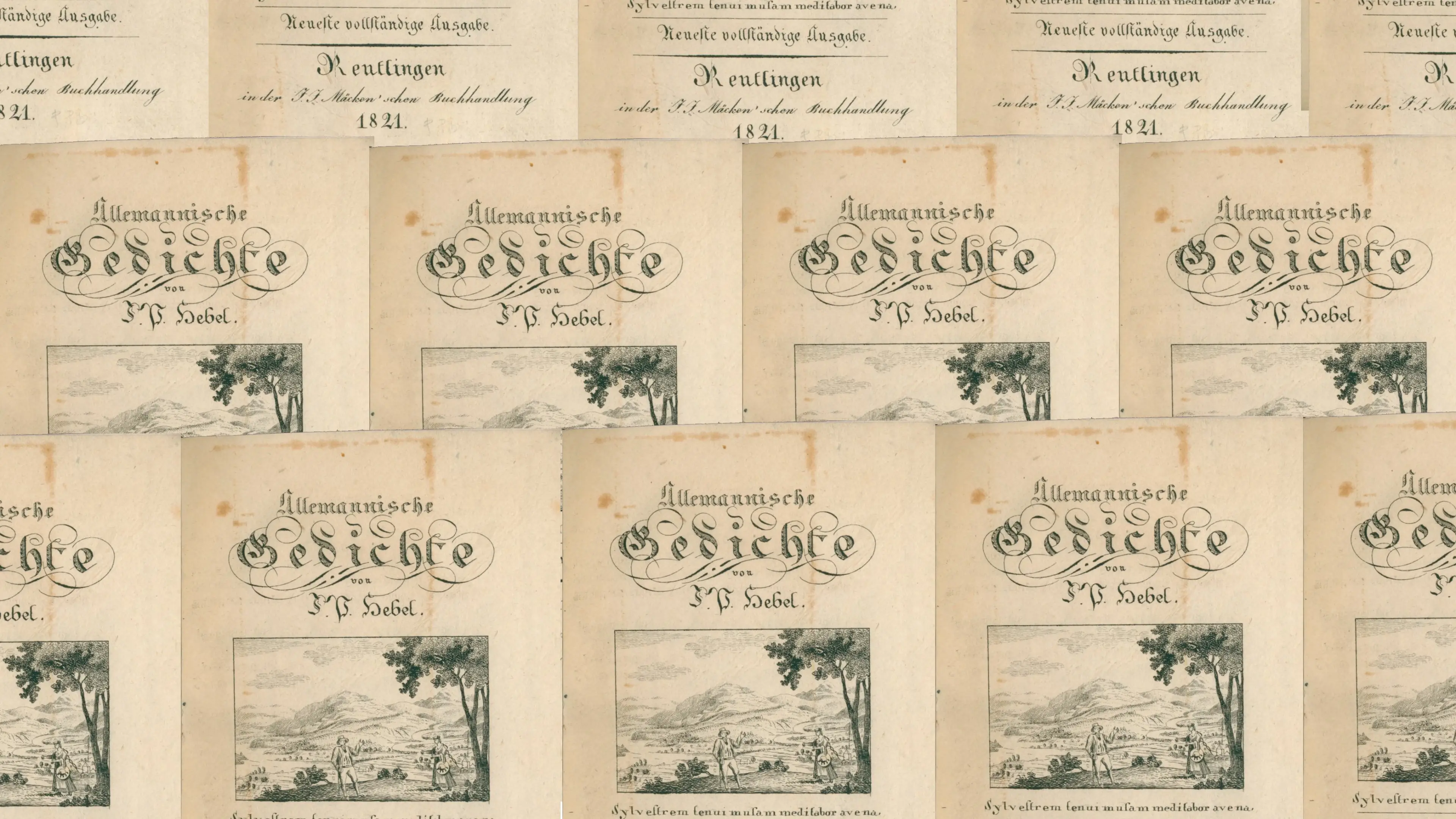 Collage aus Einband und Titelblatt von Hebels Allemannischen Gedichten, Reutlingen: Mäcken, 1821.