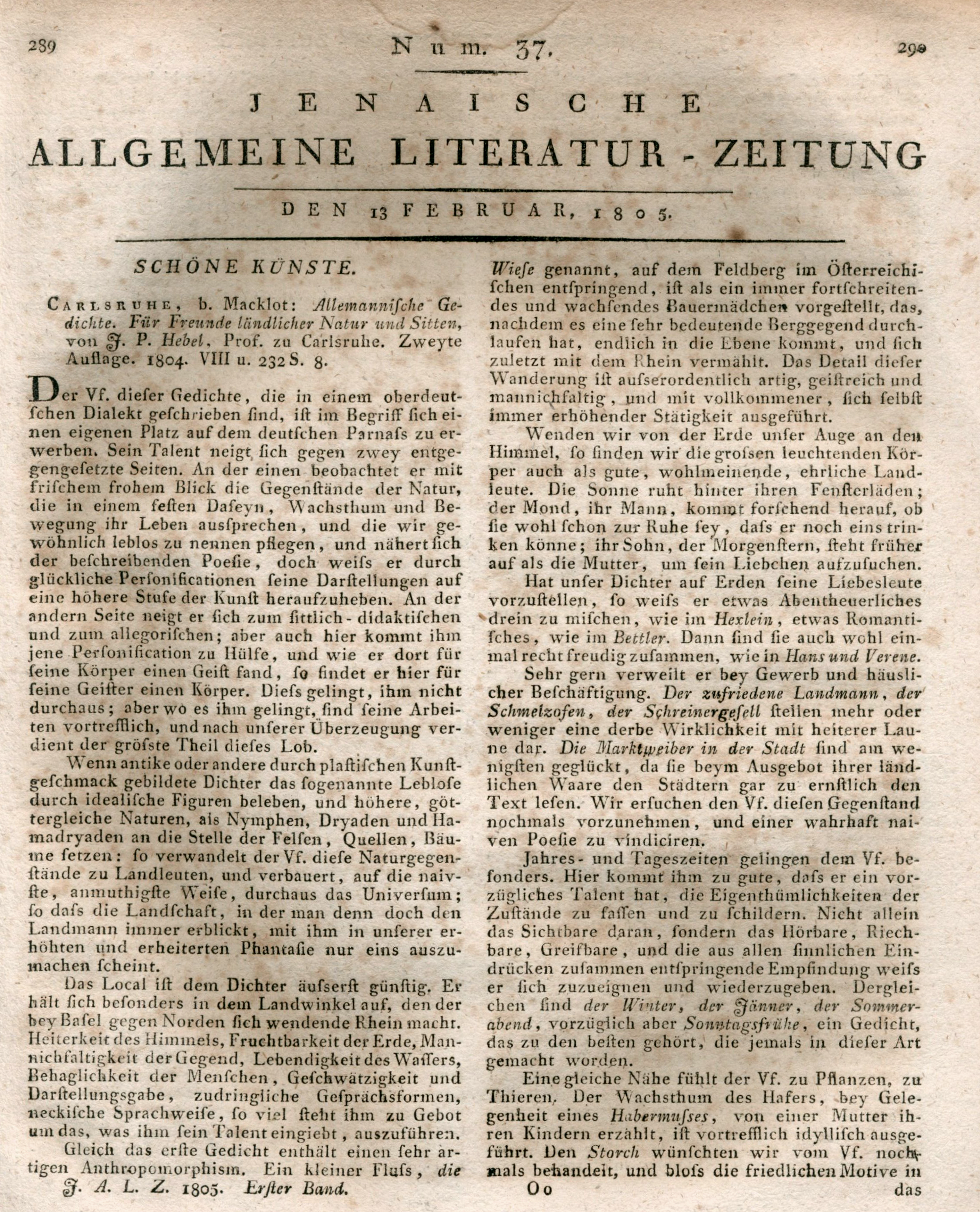 Erste Seite von Goethes Rezension der Allemannischen Gedichte in der Jenaischen Allgemeinen Literatur-Zeitung von 1805.