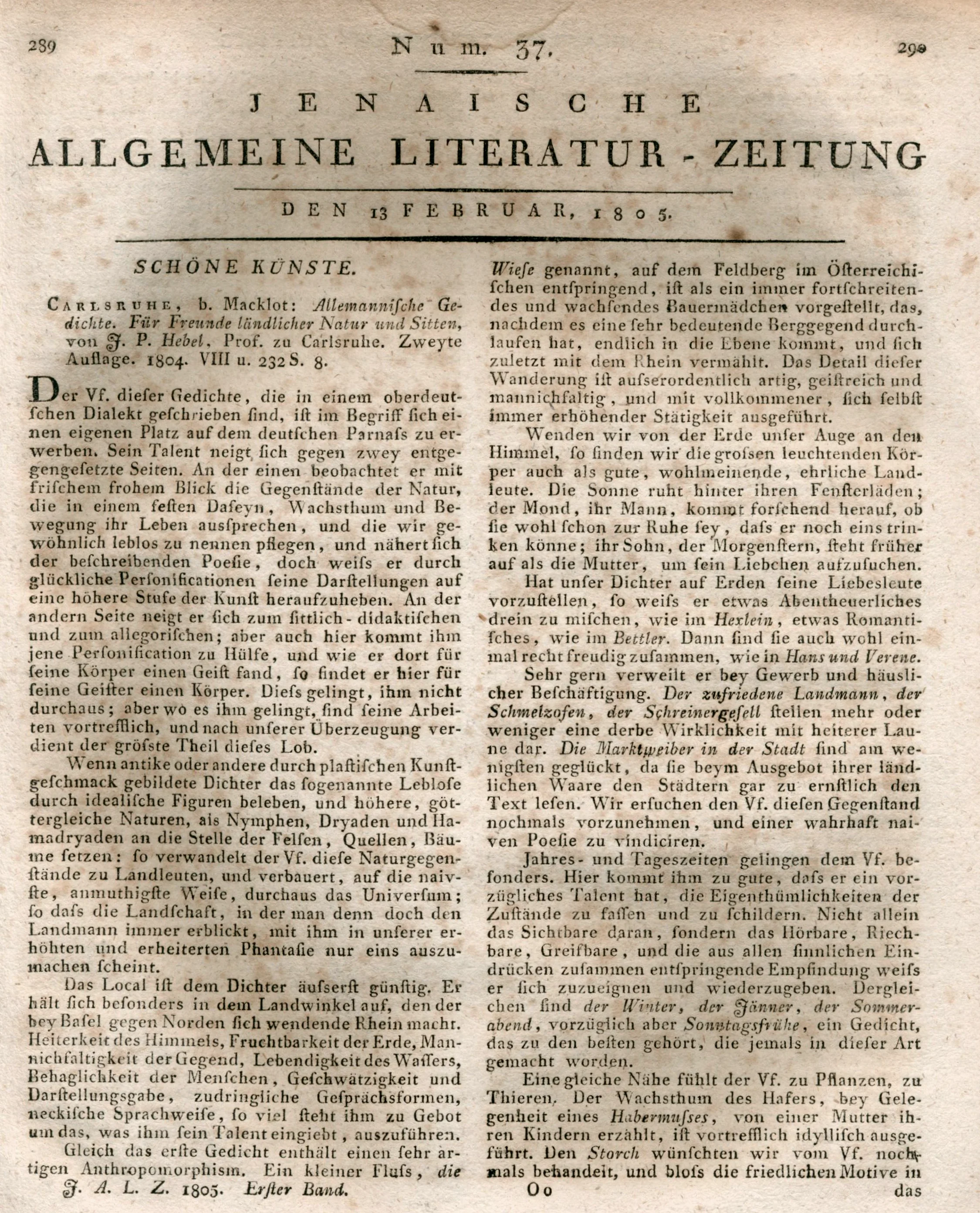 Erste Seite von Goethes Rezension der Allemannischen Gedichte in der Jenaischen Allgemeinen Literatur-Zeitung von 1805.