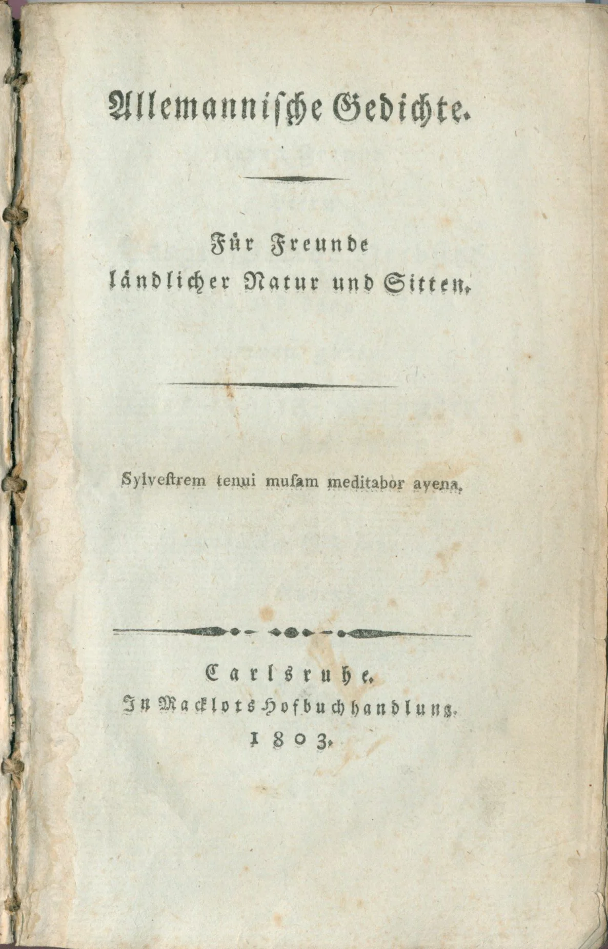 Johann Peter Hebel, Allemannische Gedichte, Erstdruck, Erstausgabe, 1803, Titelblatt.