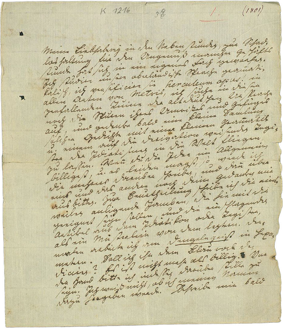 Brief Johann Peter Hebel an Friedrich Wilhelm Hitzig, 6. Februar [1801], erste Seite, Reproduktion.