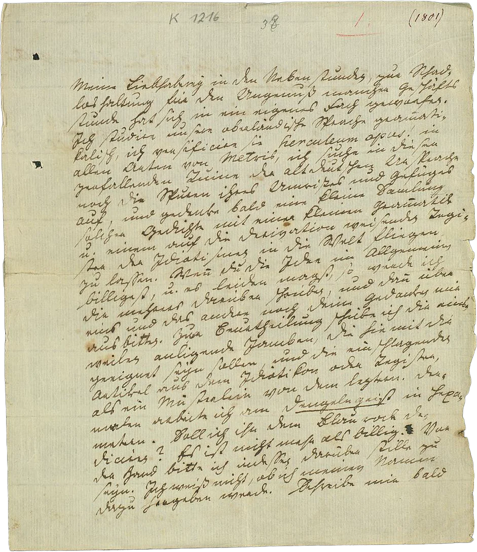 Brief Johann Peter Hebel an Friedrich Wilhelm Hitzig, 6. Februar [1801], erste Seite, Reproduktion.