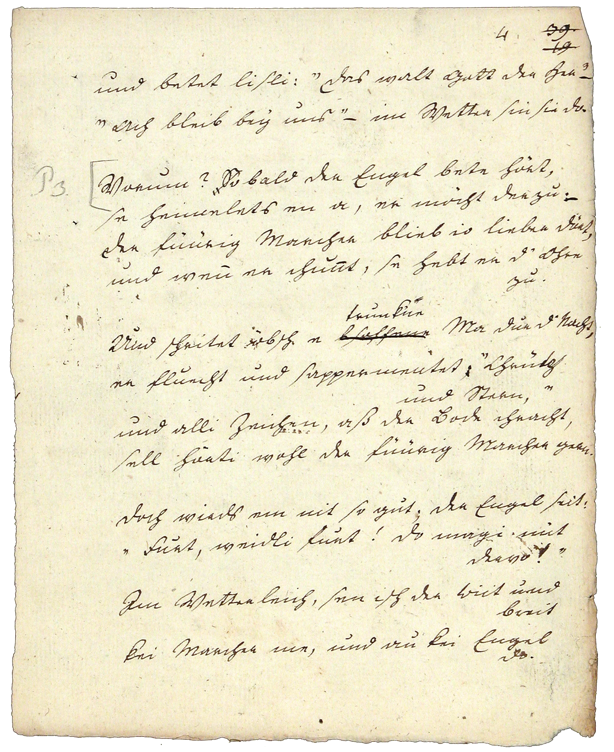 Dritte Seite von Johann Peter Hebels eigenhändiger Satzvorlage der Irrlichter mit Setzermarkierung.