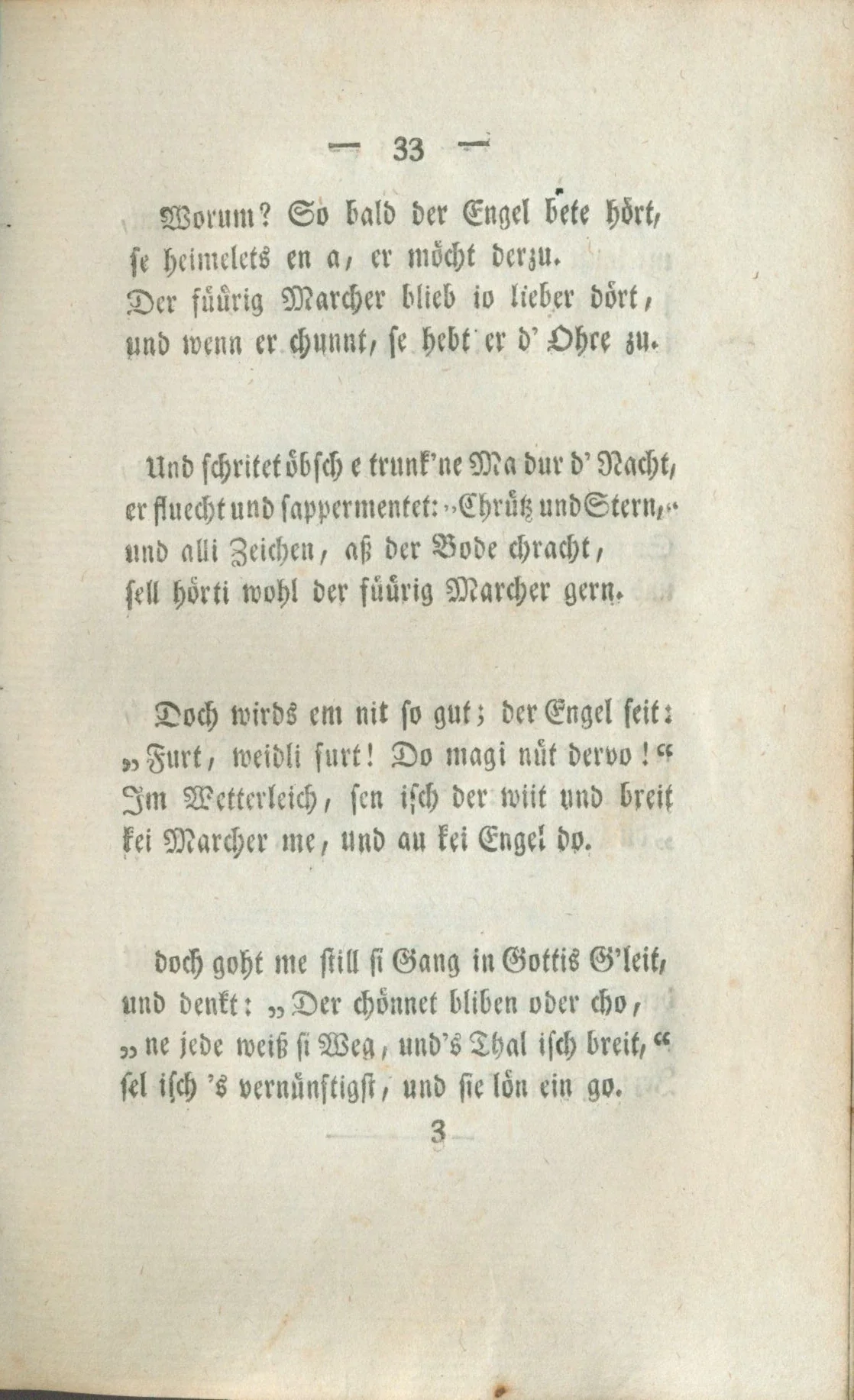 Seite 33 des Erstdrucks von Johann Peter Hebels Allemannischen Gedichten von 1803.