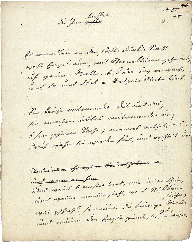 Erste Seite von Johann Peter Hebels eigenhändiger Satzvorlage zu den Irrlichtern.