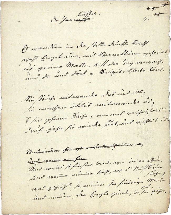 Erste Seite von Johann Peter Hebels eigenhändiger Satzvorlage zu den Irrlichtern.