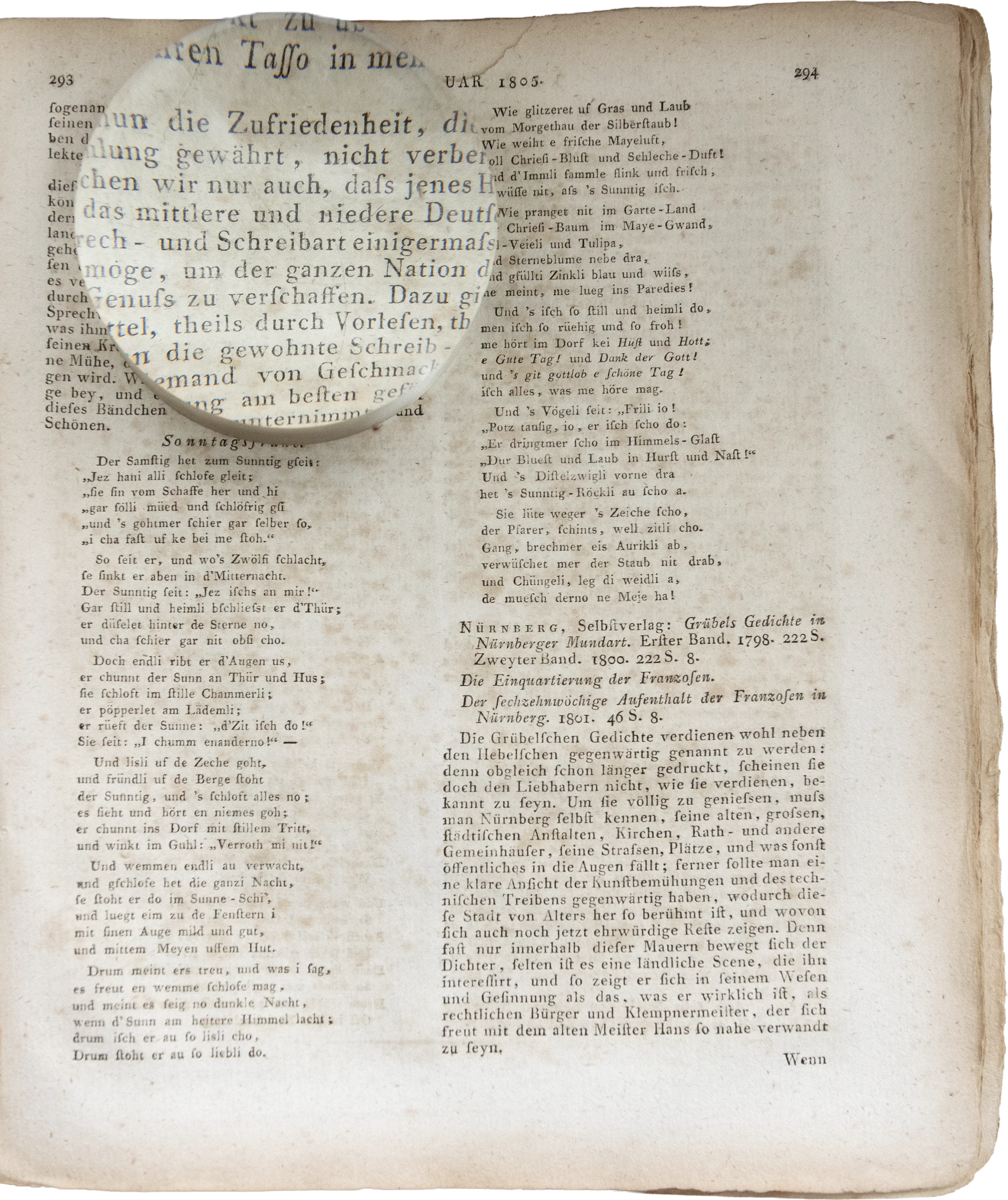 Seiten 293 und 294 von Goethes Rezension der Allemannischen Gedichte mit einer Lupe über seiner Forderung nach leichterer Verständlichkeit.
