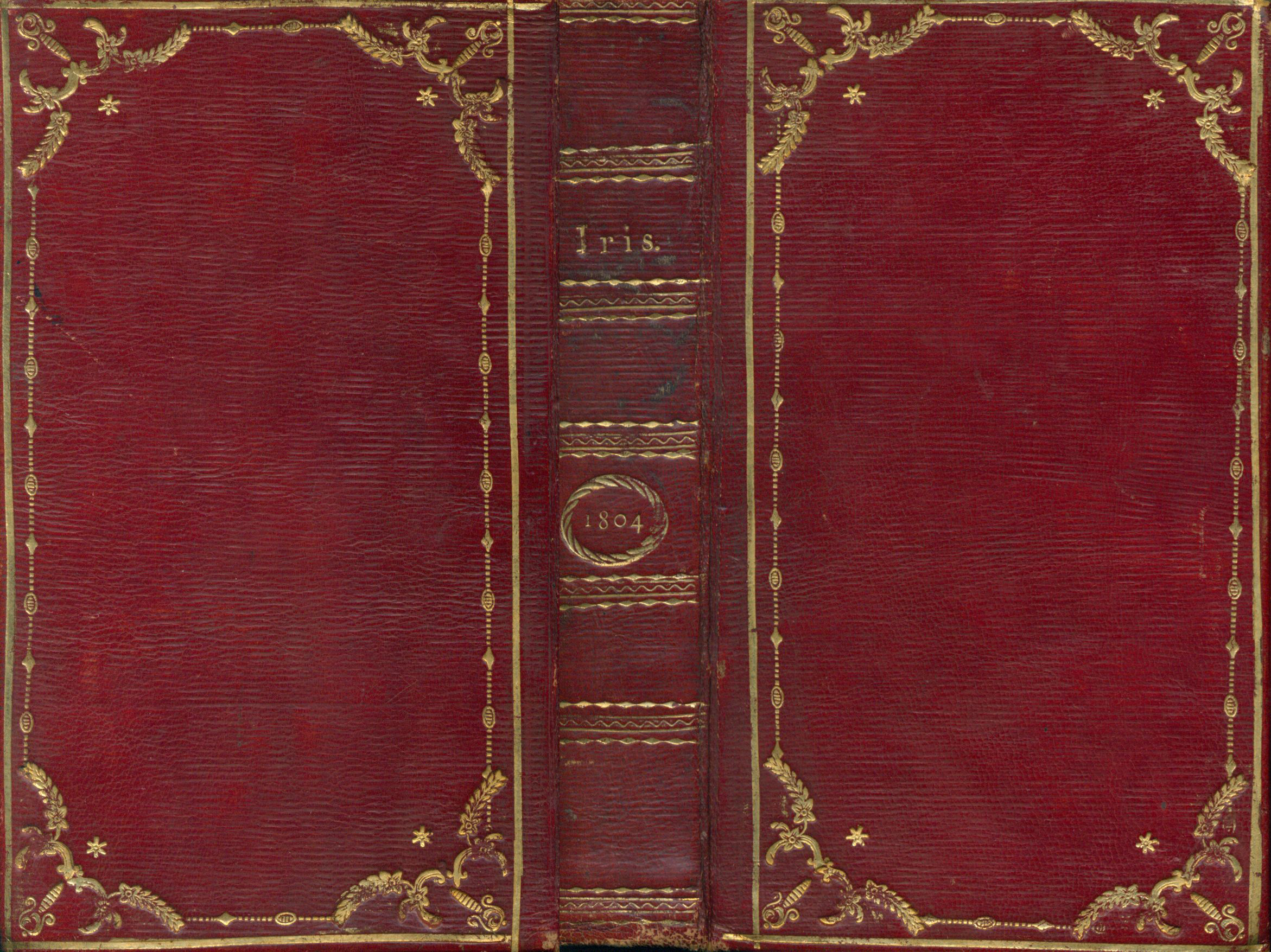 Roter, goldverzierter Einband des Taschenbuchs Iris für 1804.