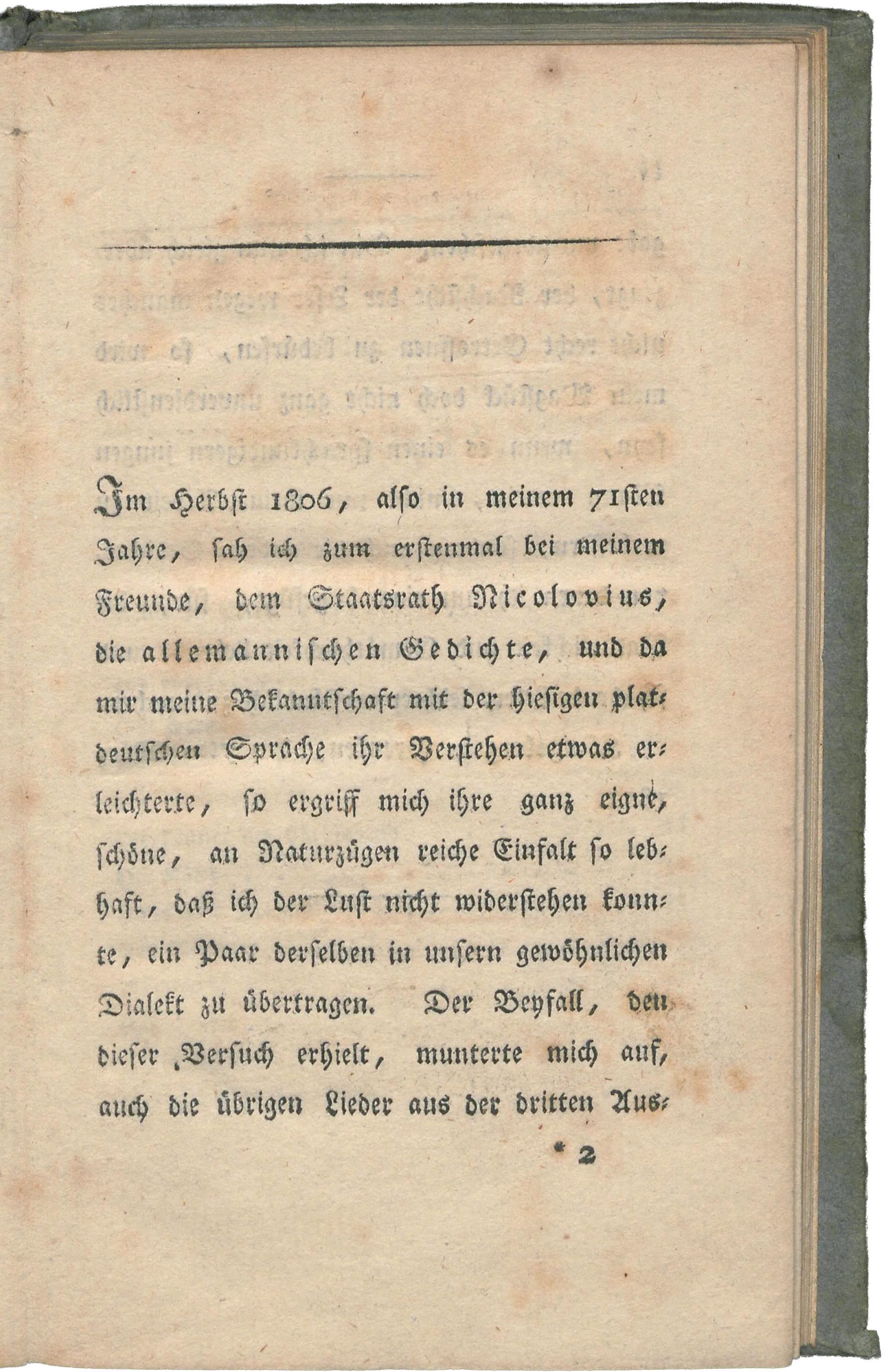 Erste Seite der Vorrede zu Johann Georg Scheffners Übertragung von Hebels alemannischen Liedern.