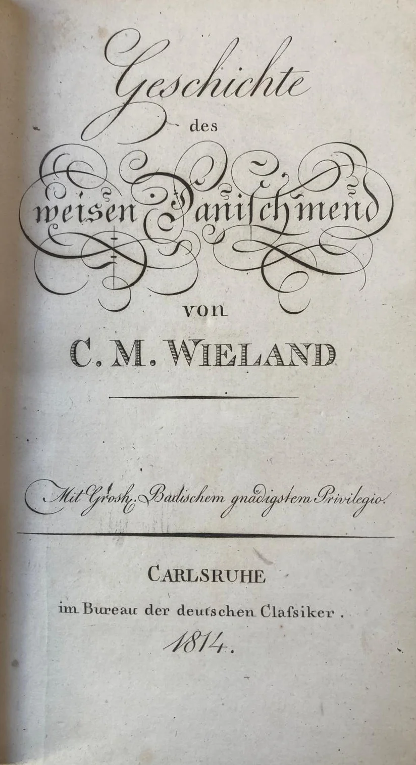 Titelblatt von Christoph Martin Wielands Geschichte des weisen Danischmend, Karlsruhe 1814.