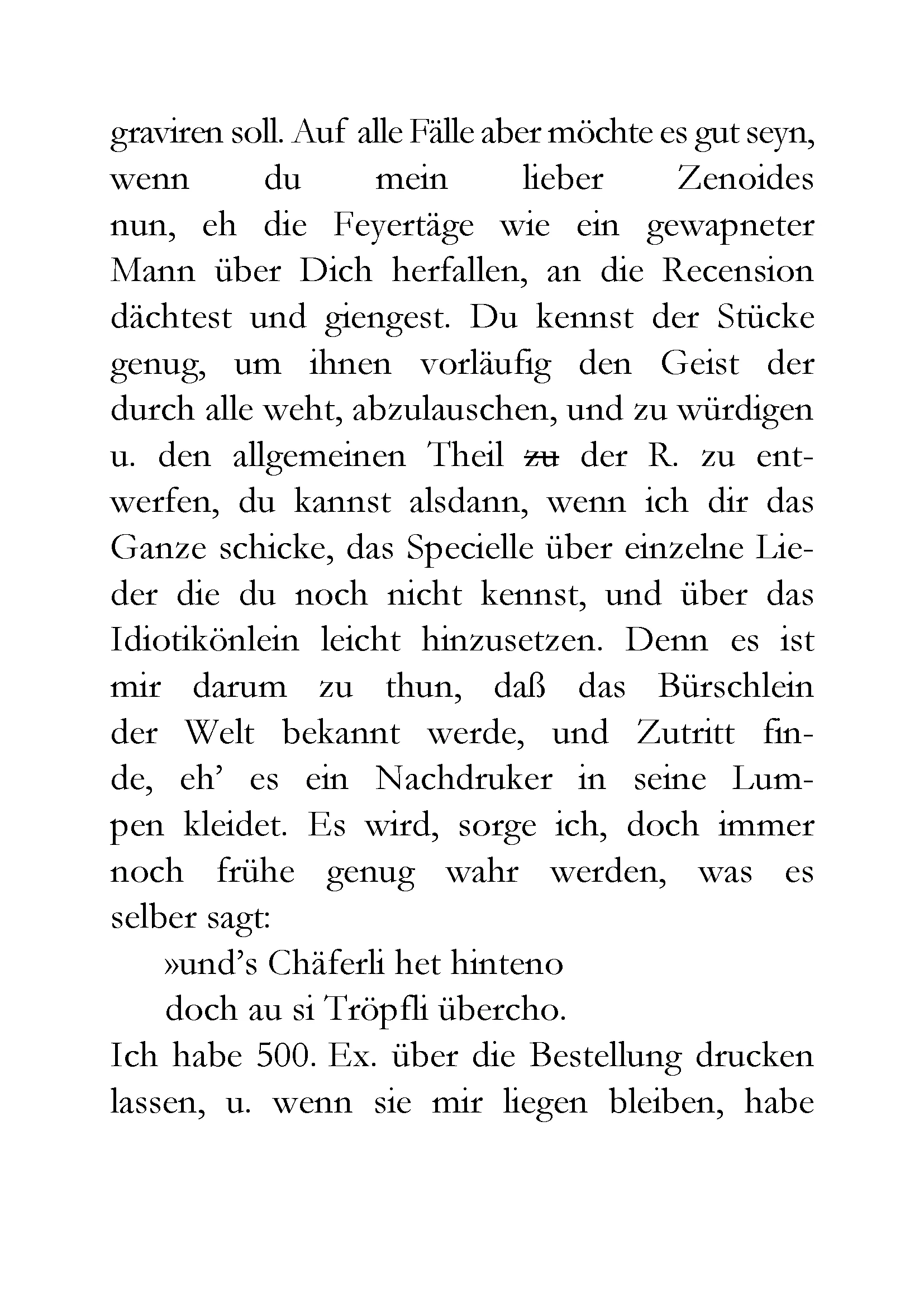 Zeilengetreue Transkription der zweiten Seite von Johann Peter Hebels Brief an Friedrich Wilhelm Hitzig vom 5. Dezember 1802.