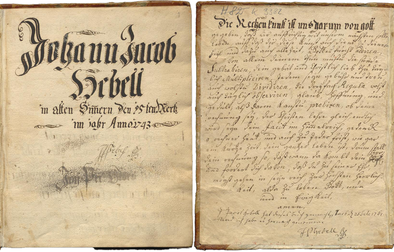 Geöffnete Handschrift mit Rechenaufgaben von Johann Jacob Hebel und einem Eintrag Johann Peter Hebels.