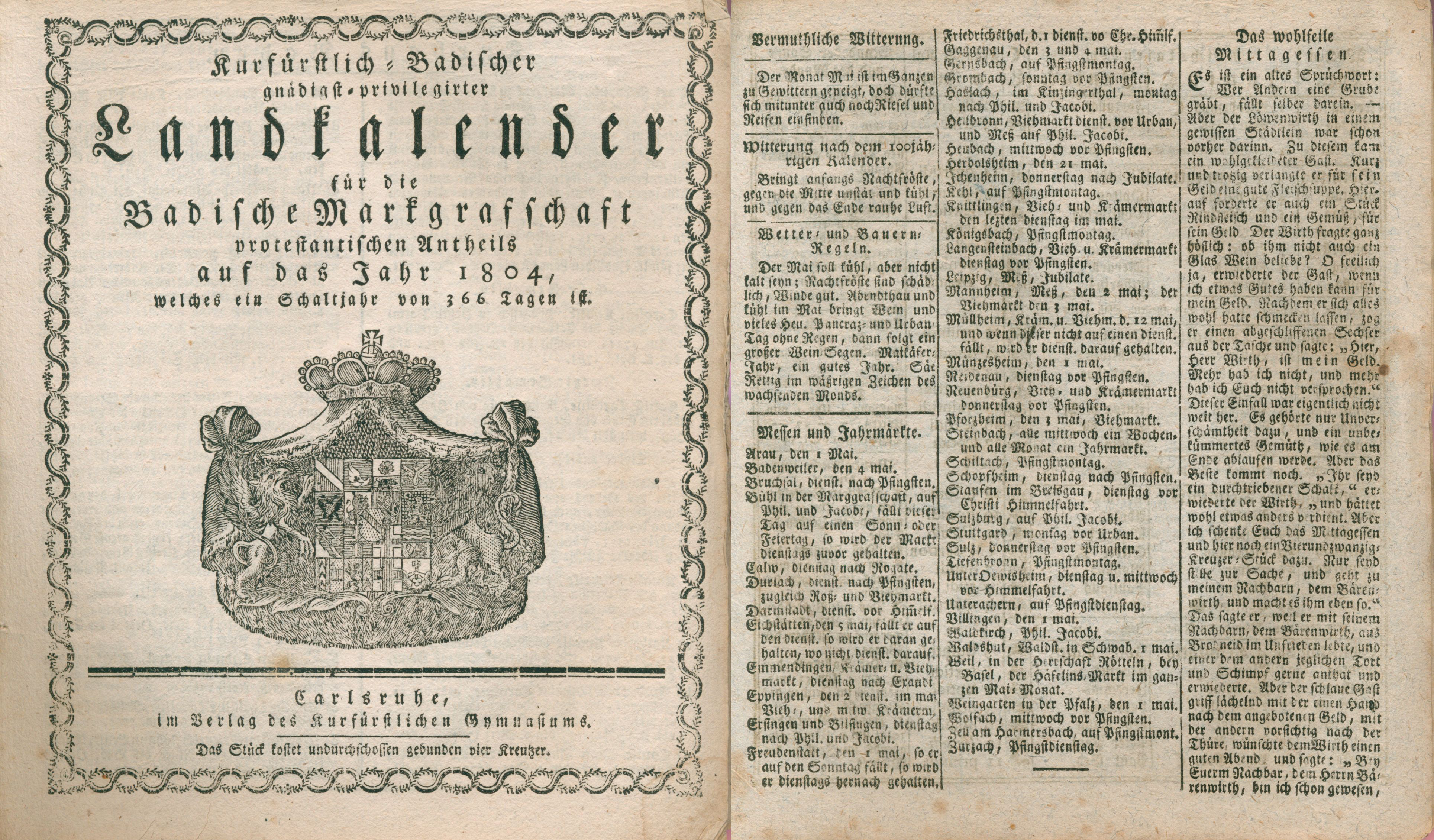 Doppelseite mit dem Beitrag Das wohlfeile Mittagessen im Badischen Landkalender auf das Jahr 1804.