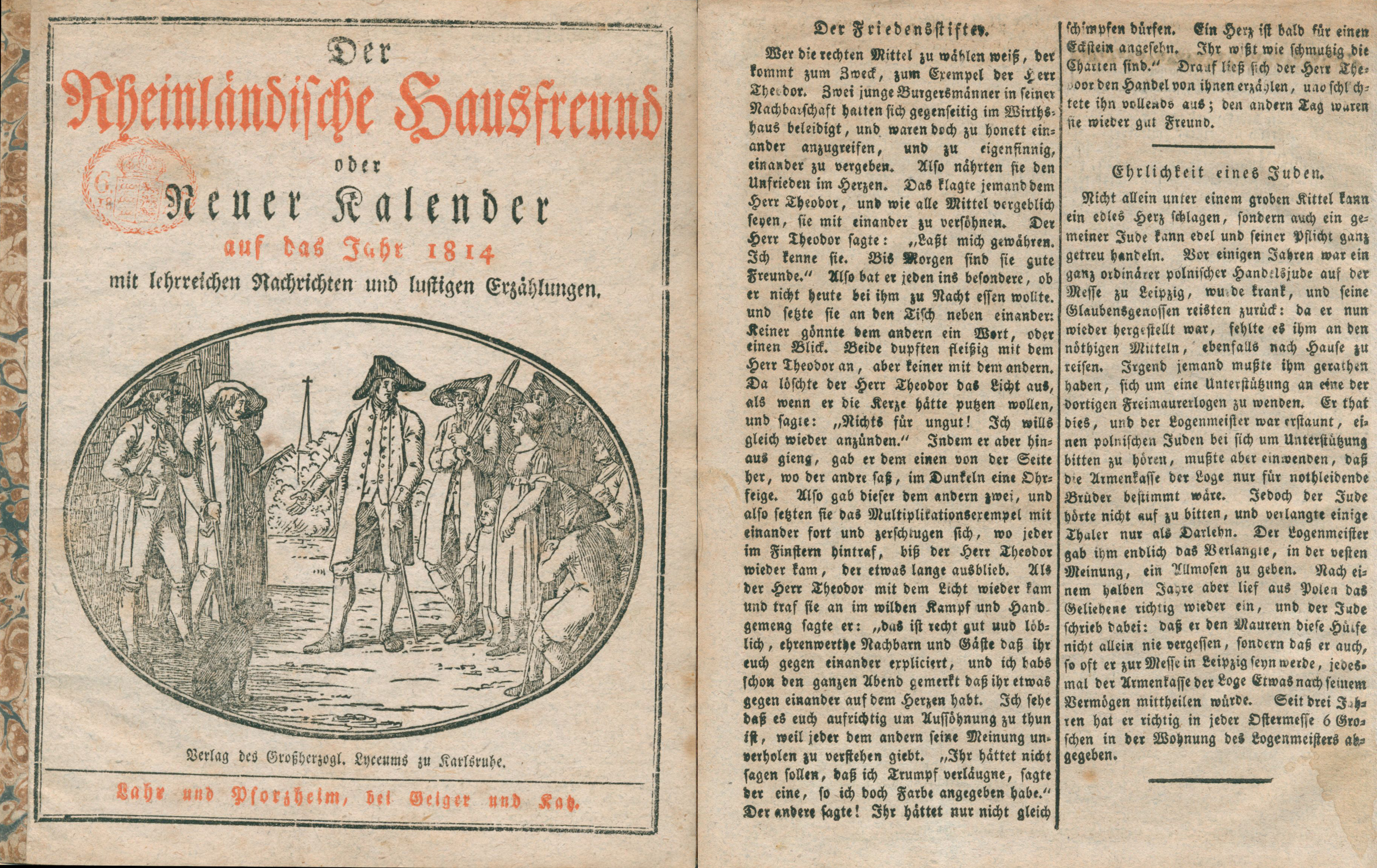Zwei Seiten aus einem Probedruck des Rheinländischen Hausfreundes auf das Jahr 1814.