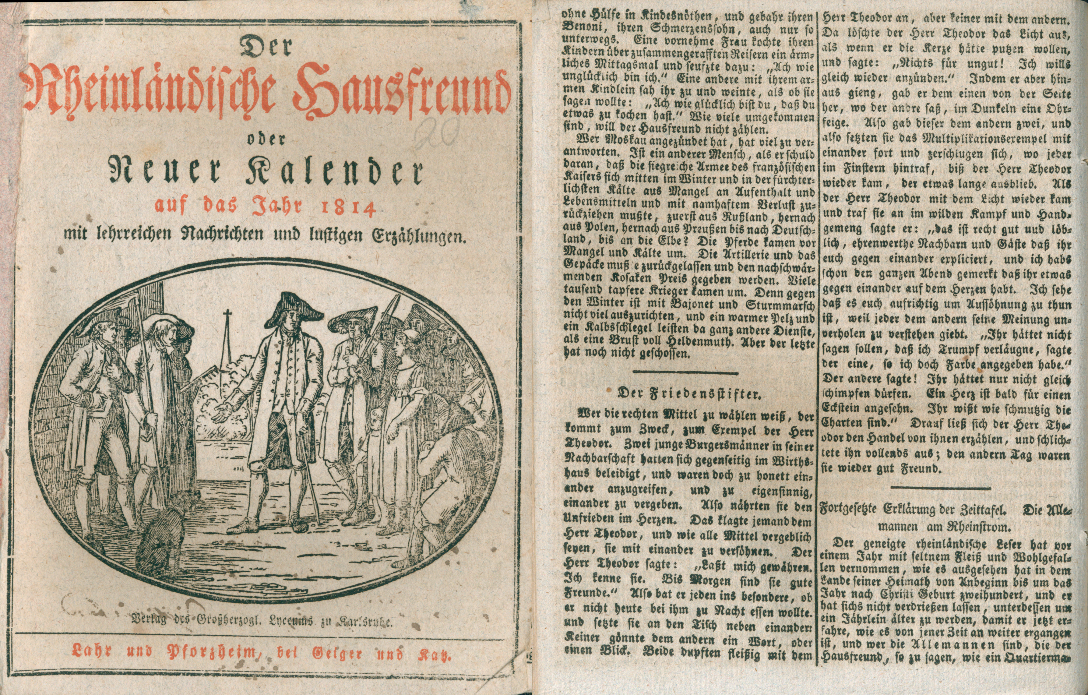 Zwei Seiten aus dem veröffentlichten Rheinländischen Hausfreund auf das Jahr 1814.