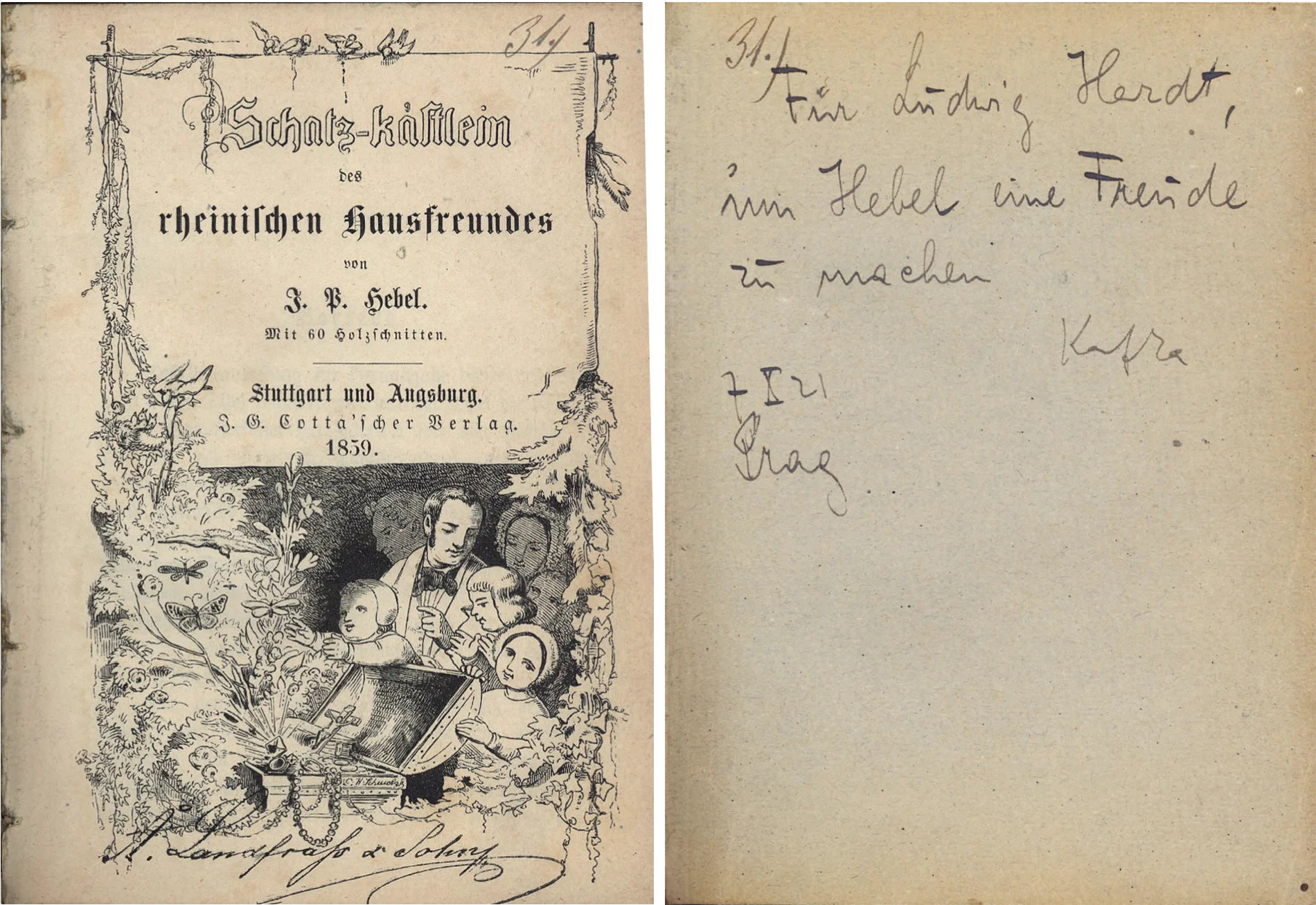 Titelblatt von Hebels Schatzkästlein von 1859 und Franz Kafkas handschriftliche Widmung an Ludwig Hardt.