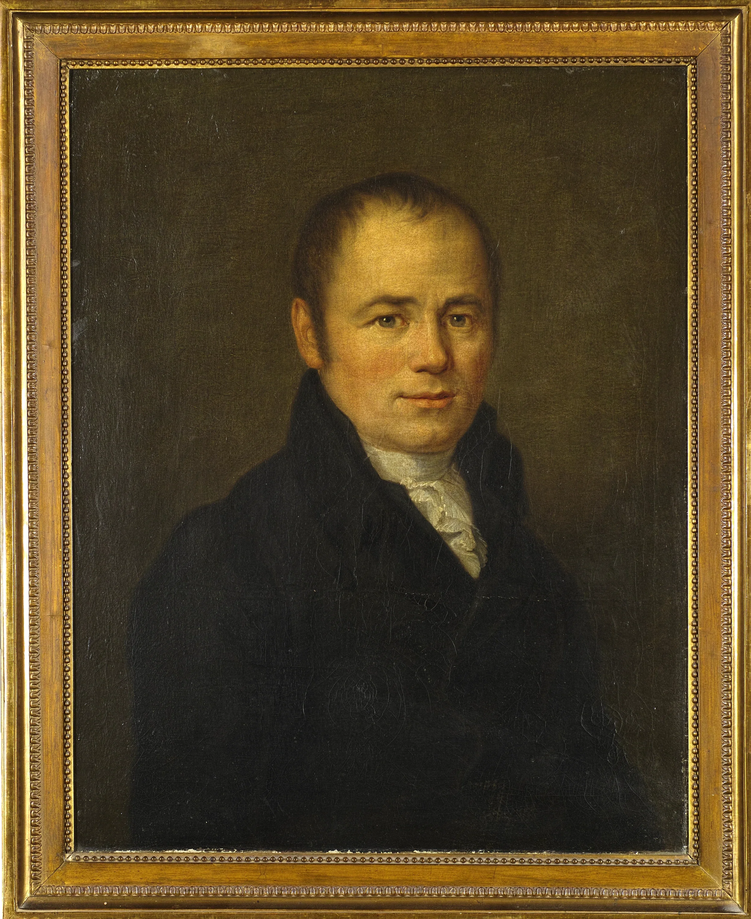 Gerahmtes Gemälde: Carl Christian Gmelin im dunklen Rock mit weißem Halstuch vor dunklem Hintergrund.