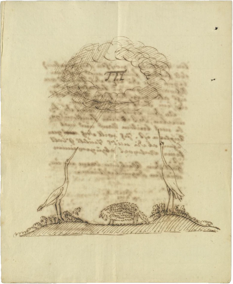 Zeichnung Hebels mit zwei Störchen und einem Hammel