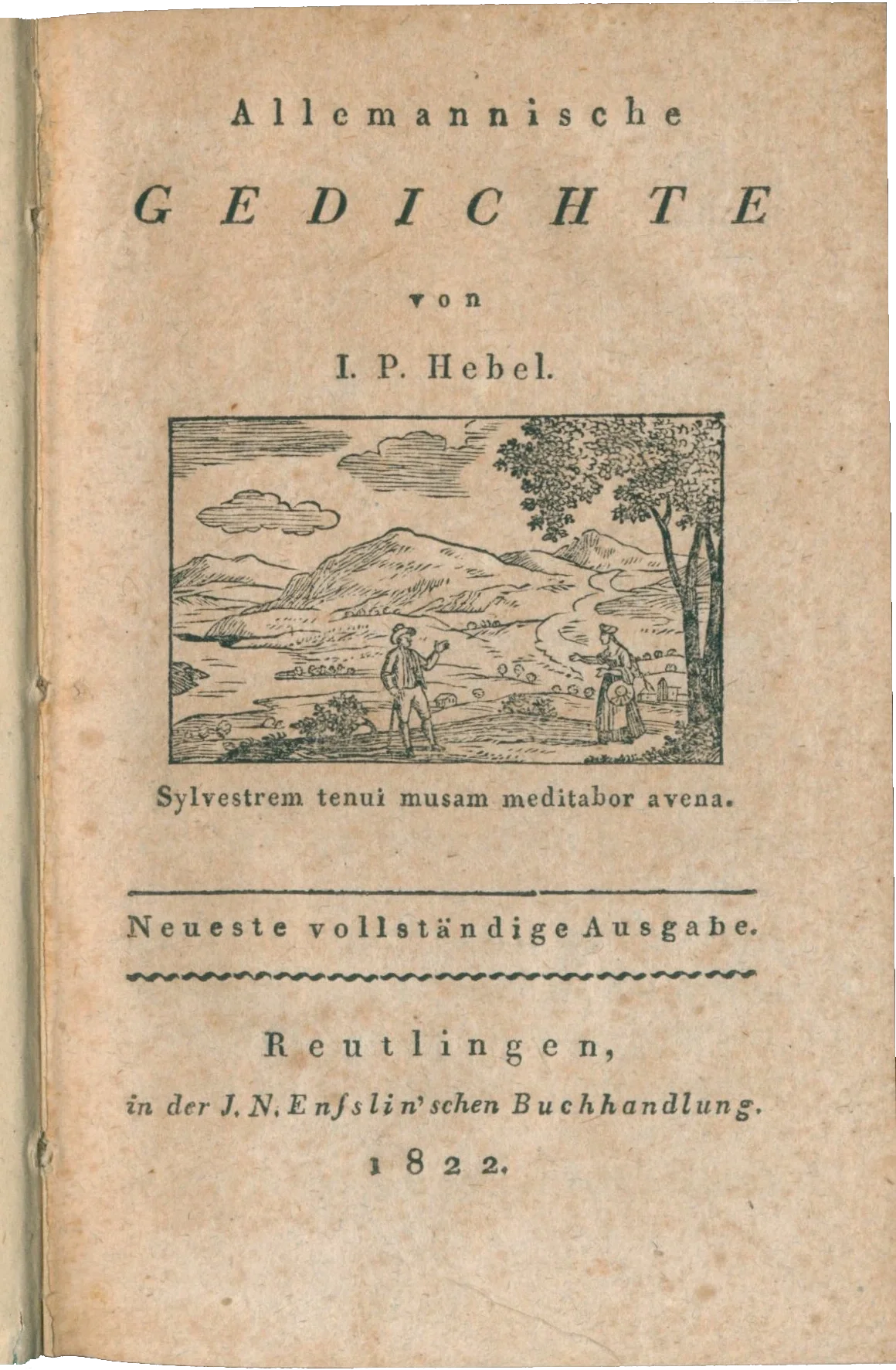 Titelblatt des Reutlinger Nachdrucks von Hebels Allemannischen Gedichten bei Enßlin, 1822, in Antiqua.